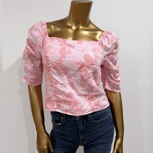 Cynthia Rowley Linen Pink Floral Print Puff Sleeve Smocked Blouse Top Size L